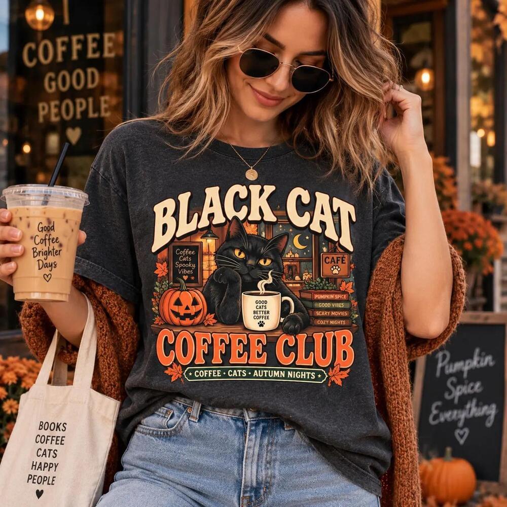 Black Cat Coffee Club Tee, Retro Halloween Pumpkin Spice Shirt